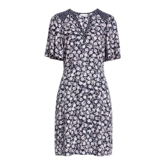 Rebecca Taylor silk blend Floral Print A-Line Dress size 00 NWT in navy comb - Picture 2 of 10
